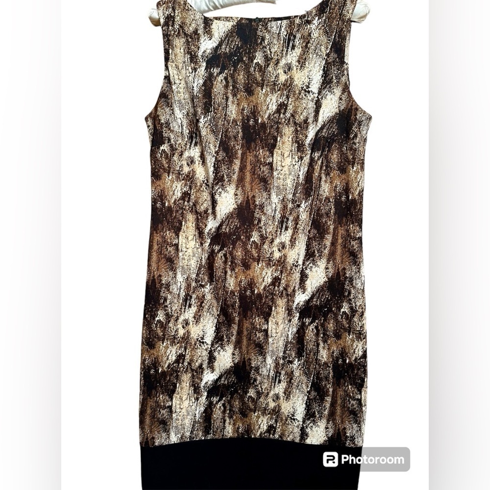 AB Studio brown print shift dress w black band hem size 8